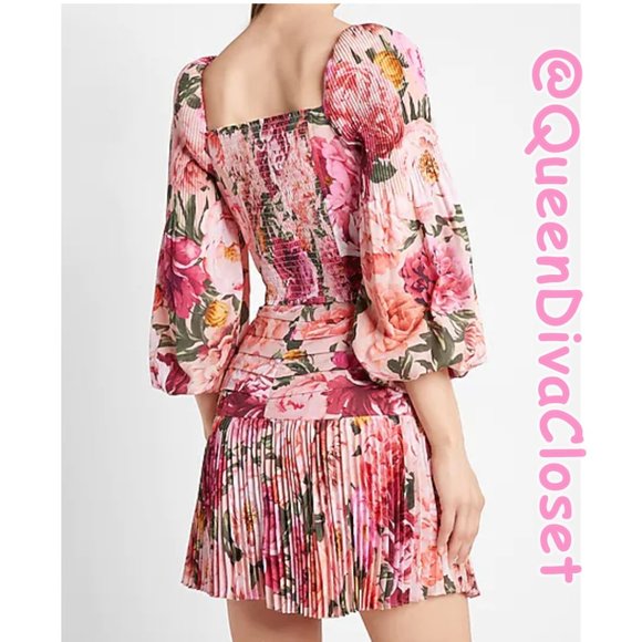 Express Fuchsia Hot Pink Floral Print Ruched Pleated Fit And Flare Mini Skirt 10 - Picture 5 of 6